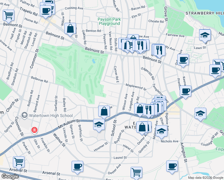 map of restaurants, bars, coffee shops, grocery stores, and more near 33 Flint Road in Watertown