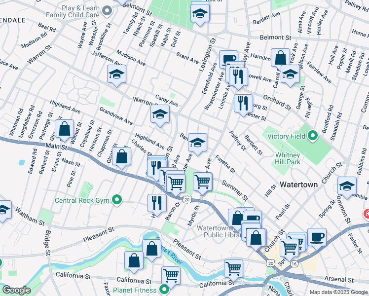 map of restaurants, bars, coffee shops, grocery stores, and more near 90 Edenfield Avenue in Watertown