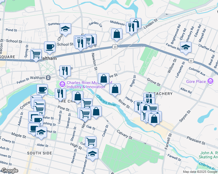 map of restaurants, bars, coffee shops, grocery stores, and more near 51 Clark Street in Waltham