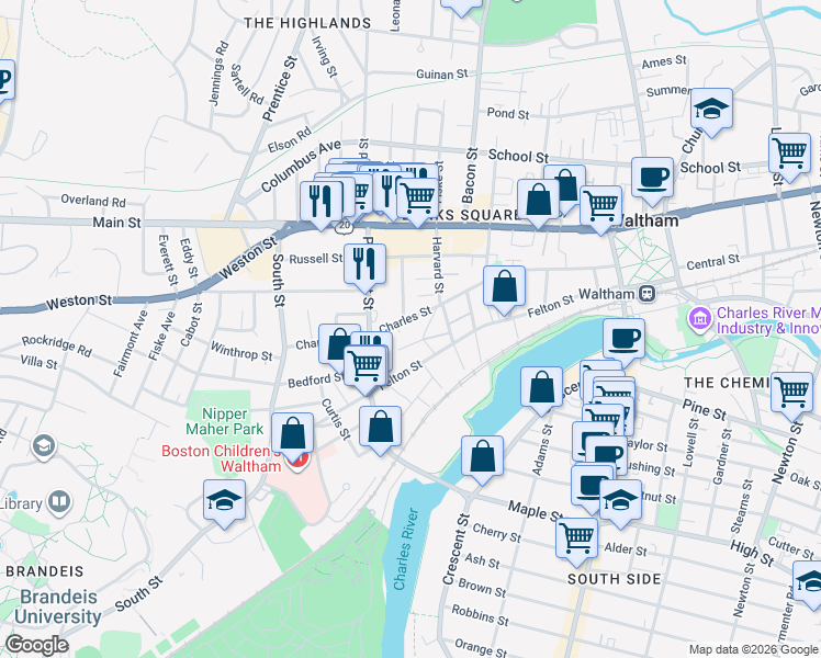 map of restaurants, bars, coffee shops, grocery stores, and more near 199 Charles Street in Waltham