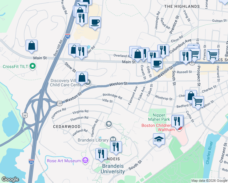 map of restaurants, bars, coffee shops, grocery stores, and more near 228 Weston Street in Waltham
