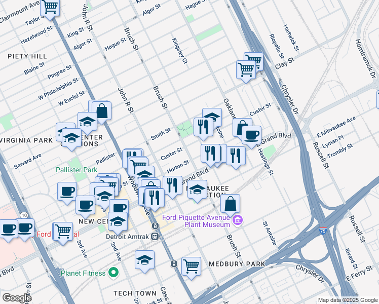 map of restaurants, bars, coffee shops, grocery stores, and more near 7501 Brush Street in Detroit