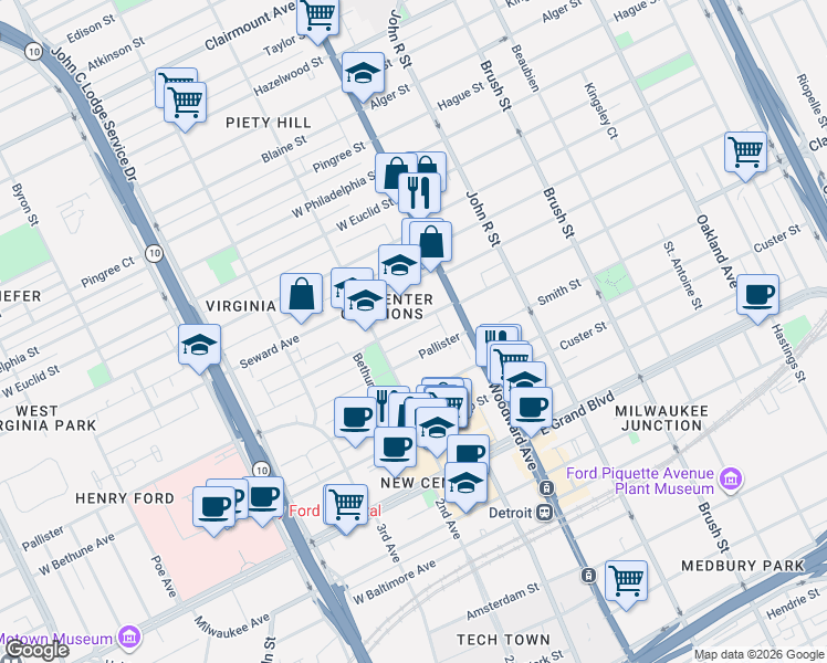 map of restaurants, bars, coffee shops, grocery stores, and more near 81 Delaware Street in Detroit
