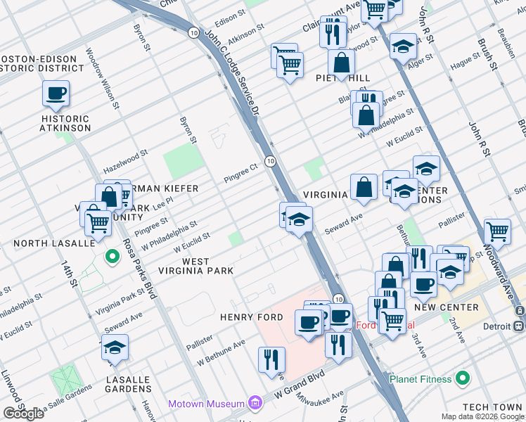 map of restaurants, bars, coffee shops, grocery stores, and more near 1166 West Euclid Street in Detroit