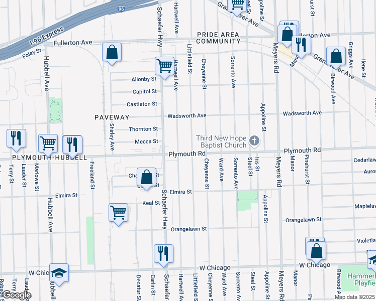 map of restaurants, bars, coffee shops, grocery stores, and more near 11630 Hartwell Street in Detroit