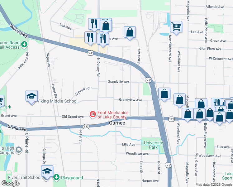 map of restaurants, bars, coffee shops, grocery stores, and more near 944 Blackburn Street in Gurnee