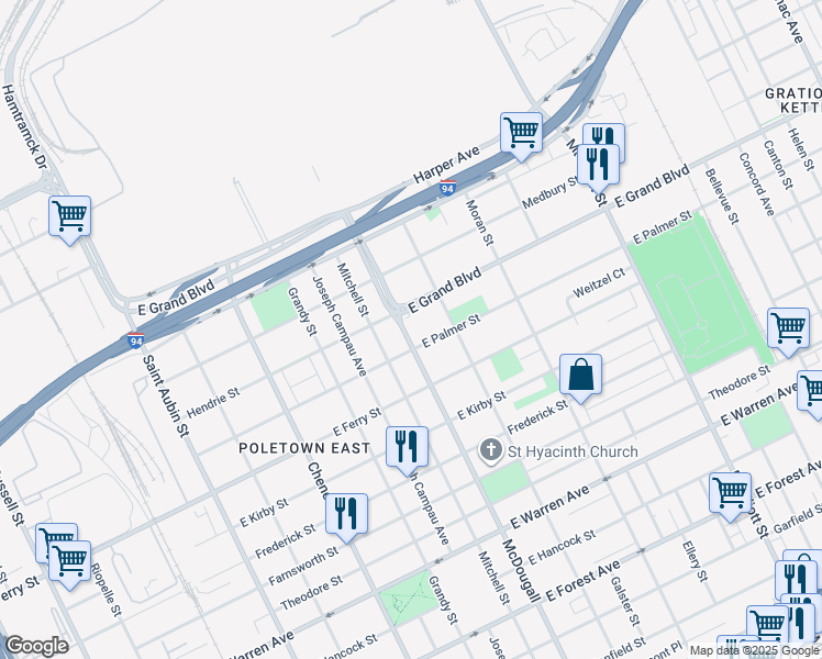 map of restaurants, bars, coffee shops, grocery stores, and more near 5734 McDougall Street in Detroit