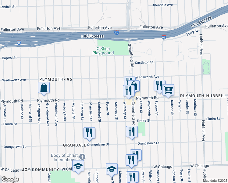 map of restaurants, bars, coffee shops, grocery stores, and more near 11661 Montrose Street in Detroit