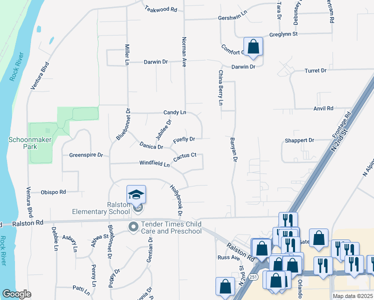 map of restaurants, bars, coffee shops, grocery stores, and more near 880 Cactus Court in Machesney Park