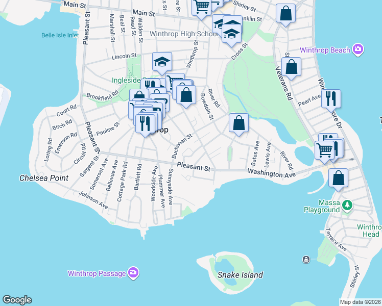 map of restaurants, bars, coffee shops, grocery stores, and more near 18 Buckthorn Terrace in Winthrop