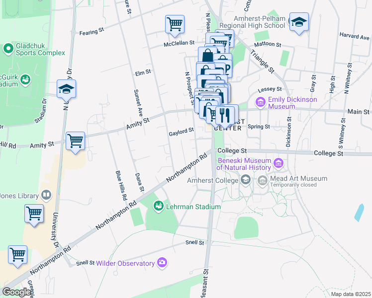 map of restaurants, bars, coffee shops, grocery stores, and more near 39 Kendrick Place in Amherst