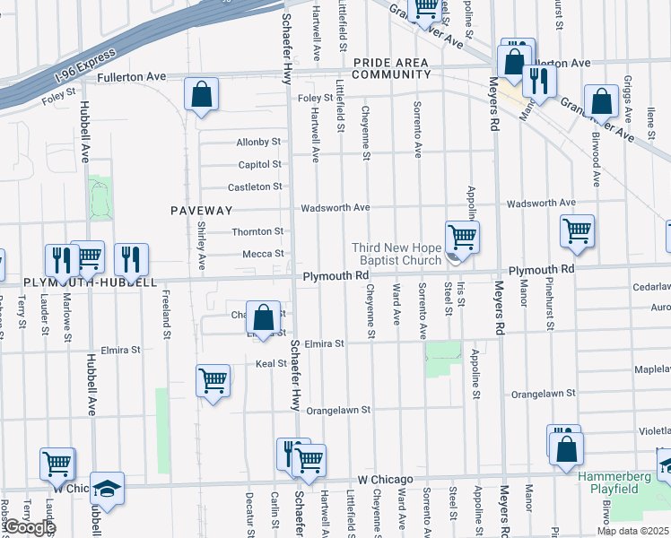 map of restaurants, bars, coffee shops, grocery stores, and more near 13310 Plymouth Road in Detroit