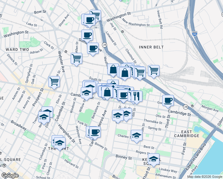 map of restaurants, bars, coffee shops, grocery stores, and more near 5 Porter Street in Cambridge