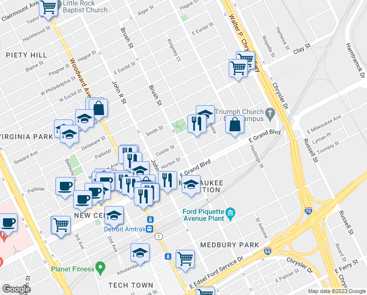 map of restaurants, bars, coffee shops, grocery stores, and more near 7432 Brush Street in Detroit