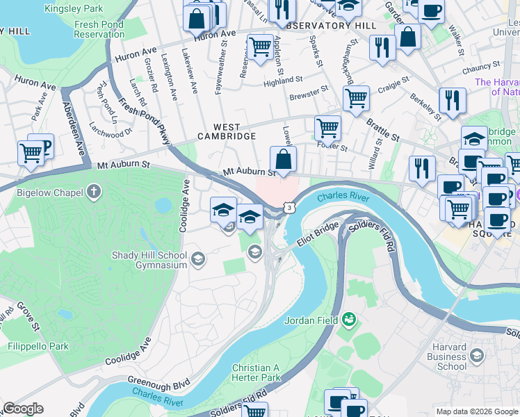 map of restaurants, bars, coffee shops, grocery stores, and more near 330 Mount Auburn Street in Cambridge