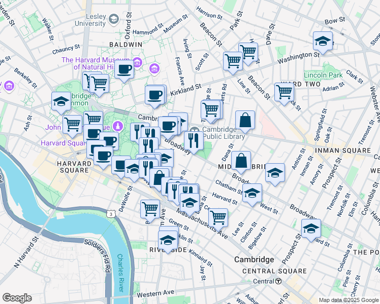 map of restaurants, bars, coffee shops, grocery stores, and more near 449 Broadway in Cambridge