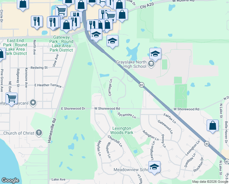 map of restaurants, bars, coffee shops, grocery stores, and more near 1391 Brighton Lane in Lake Villa