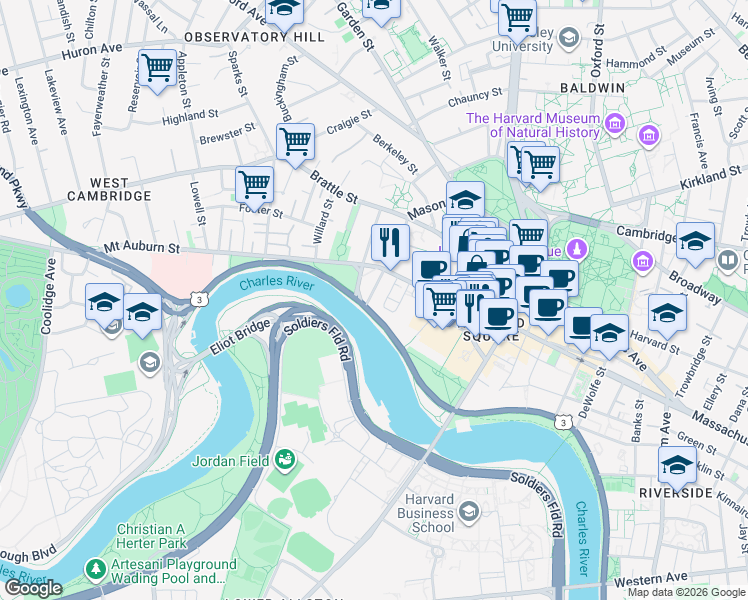 map of restaurants, bars, coffee shops, grocery stores, and more near 10 Brewer Street in Cambridge
