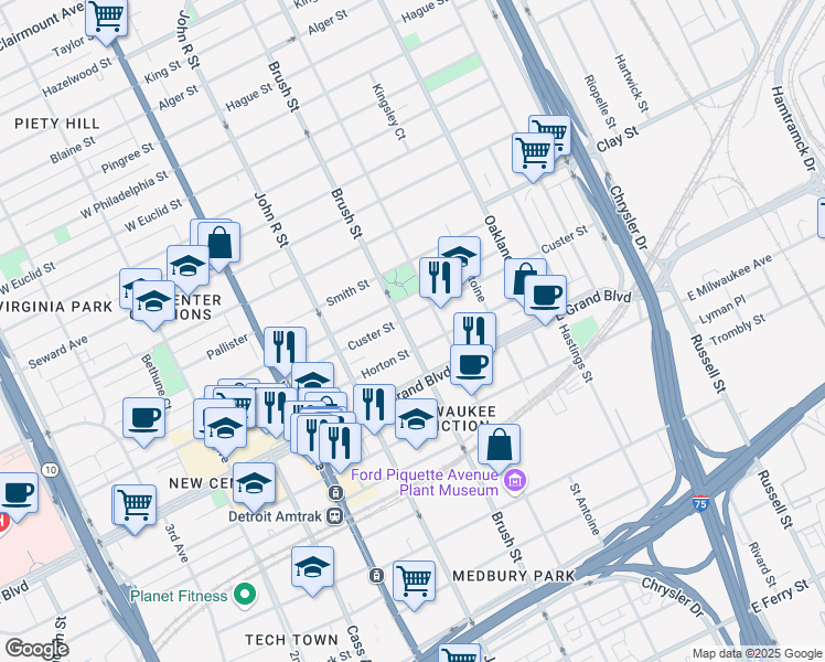 map of restaurants, bars, coffee shops, grocery stores, and more near 7432 Brush Street in Detroit