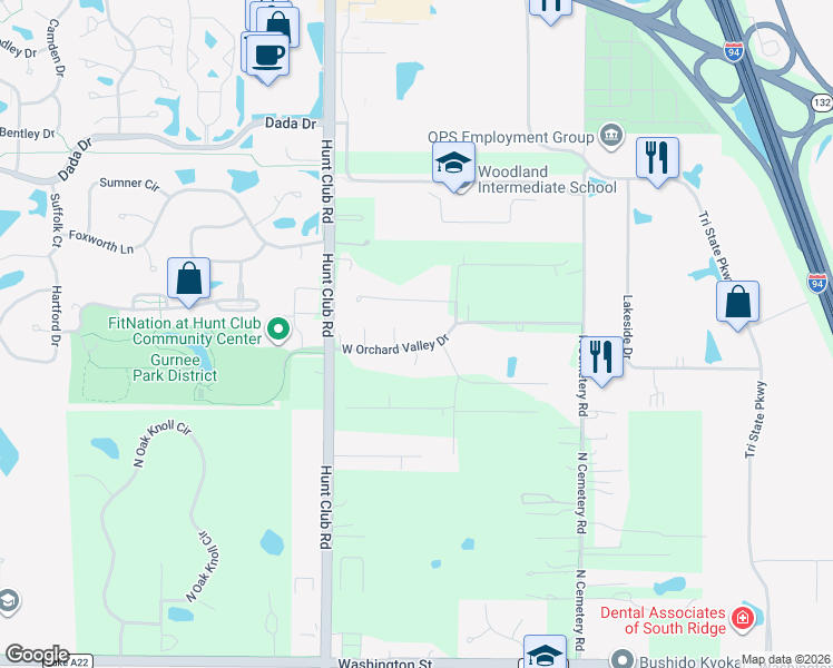 map of restaurants, bars, coffee shops, grocery stores, and more near 16824 West Orchard Valley Drive in Gurnee