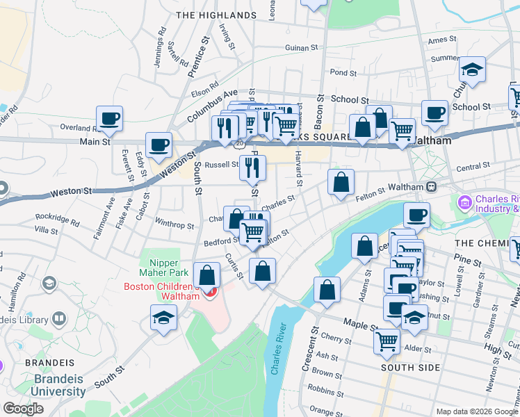 map of restaurants, bars, coffee shops, grocery stores, and more near 199 Charles Street in Waltham