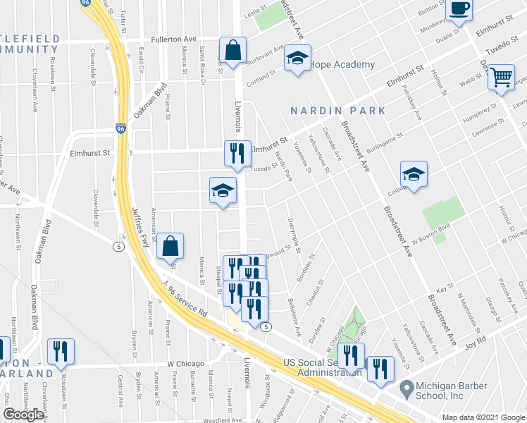 map of restaurants, bars, coffee shops, grocery stores, and more near 11441 Belleterre Avenue in Detroit