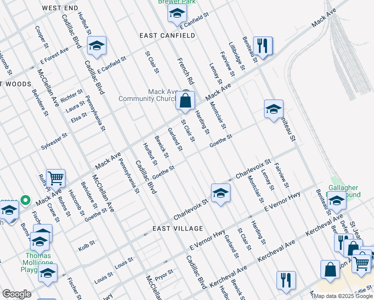 map of restaurants, bars, coffee shops, grocery stores, and more near 3422 Garland Street in Detroit