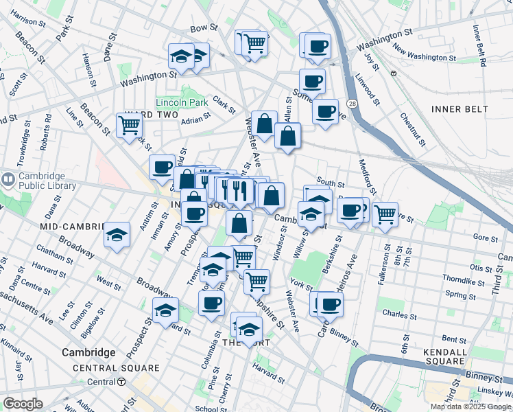 map of restaurants, bars, coffee shops, grocery stores, and more near 293 Elm Street in Cambridge