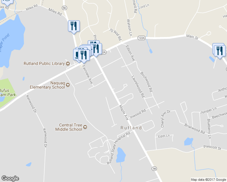 map of restaurants, bars, coffee shops, grocery stores, and more near 45 Maple Avenue in Rutland