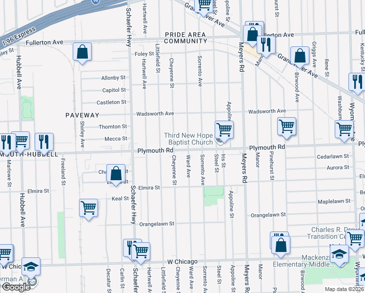 map of restaurants, bars, coffee shops, grocery stores, and more near 13126 Plymouth Road in Detroit