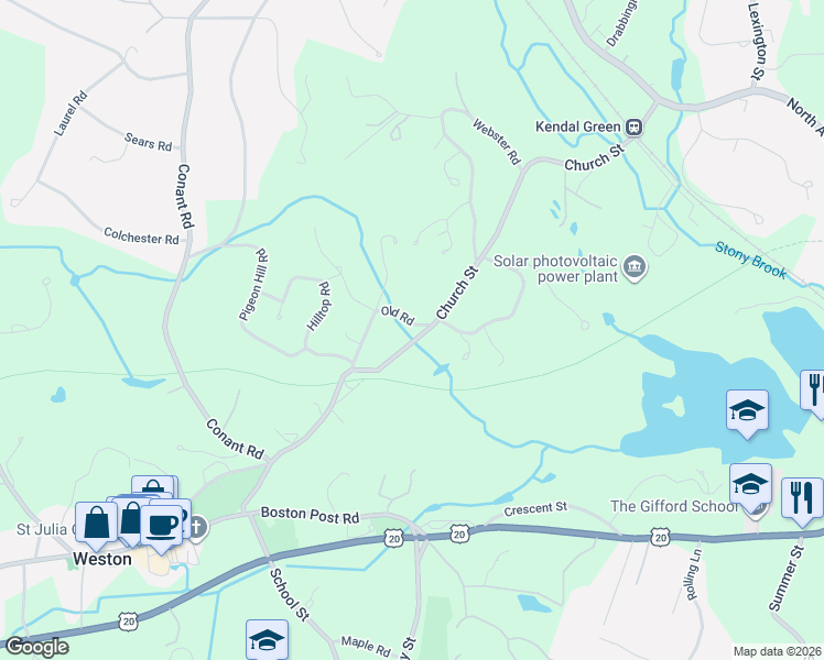 map of restaurants, bars, coffee shops, grocery stores, and more near 44 Old Road in Weston