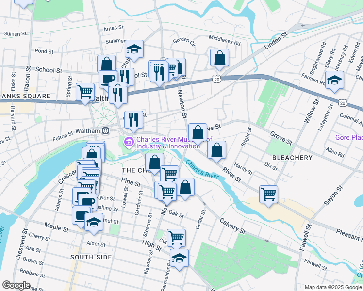 map of restaurants, bars, coffee shops, grocery stores, and more near 330 River Street in Waltham