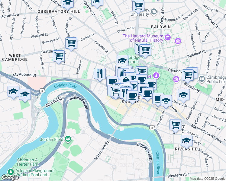 map of restaurants, bars, coffee shops, grocery stores, and more near 124 Mount Auburn Street in Cambridge