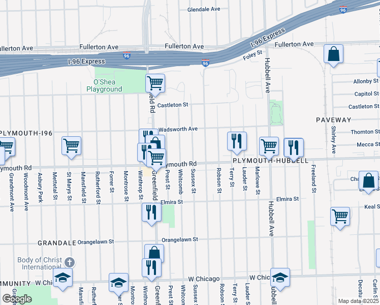 map of restaurants, bars, coffee shops, grocery stores, and more near 11643 Sussex Street in Detroit