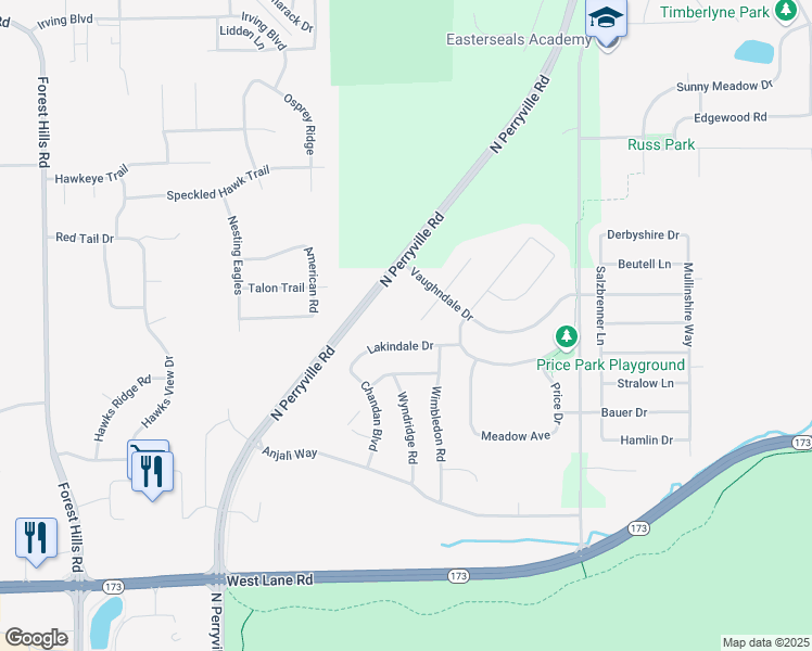 map of restaurants, bars, coffee shops, grocery stores, and more near 7250 Rolling Hills Lane in Machesney Park