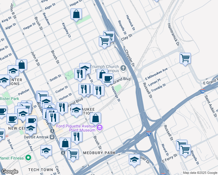map of restaurants, bars, coffee shops, grocery stores, and more near 2841 East Grand Boulevard in Detroit