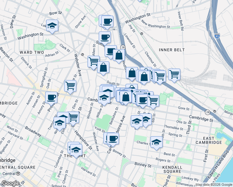 map of restaurants, bars, coffee shops, grocery stores, and more near 52 Porter Street in Cambridge