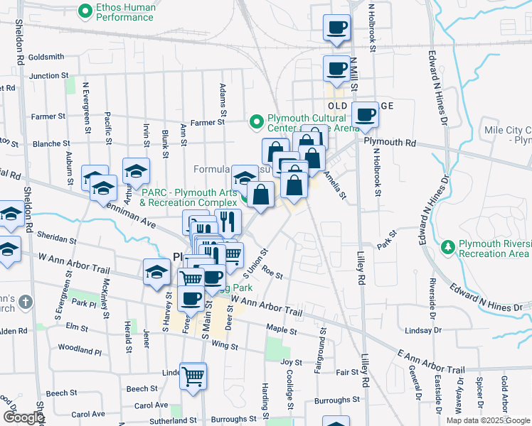 map of restaurants, bars, coffee shops, grocery stores, and more near 134 North Main Street in Plymouth
