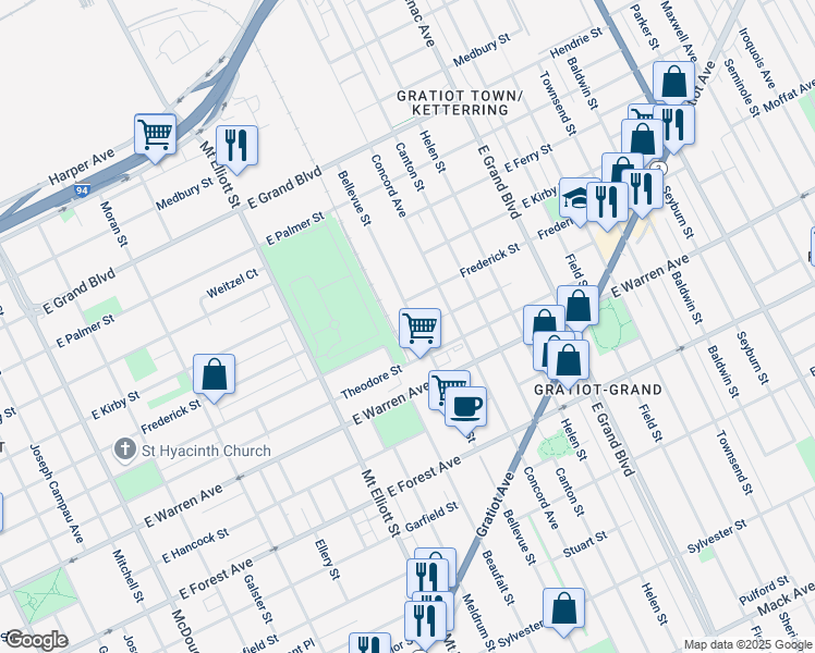 map of restaurants, bars, coffee shops, grocery stores, and more near 5151 Bellevue Street in Detroit