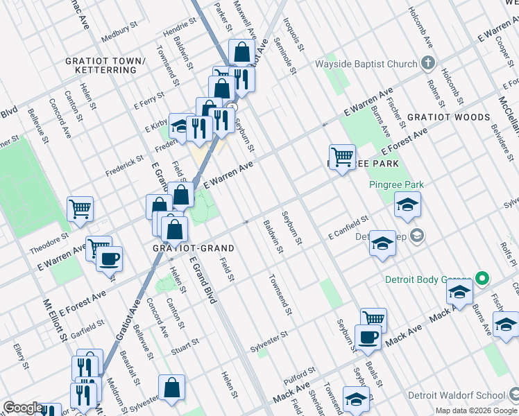 map of restaurants, bars, coffee shops, grocery stores, and more near 7723 East Forest Avenue in Detroit