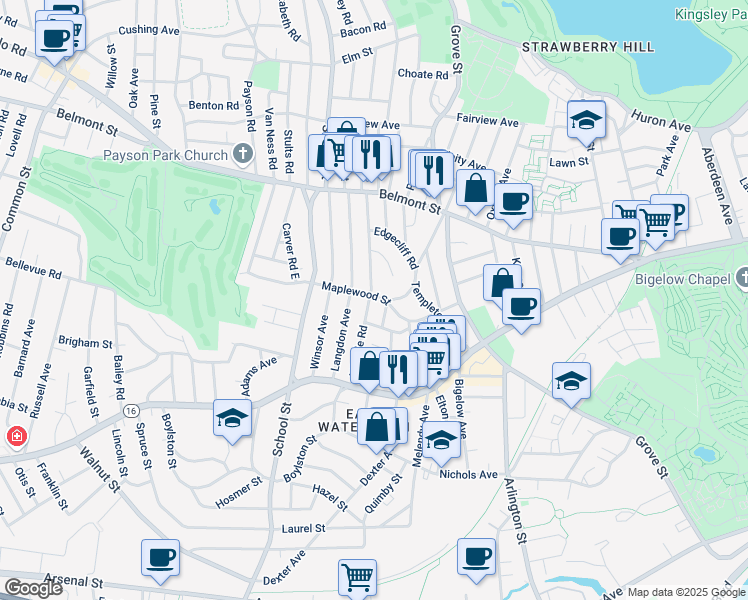 map of restaurants, bars, coffee shops, grocery stores, and more near 73 Hillside Road in Watertown