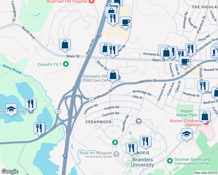 map of restaurants, bars, coffee shops, grocery stores, and more near 33 Tavern Road in Waltham