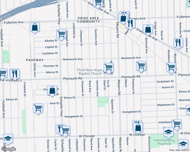 map of restaurants, bars, coffee shops, grocery stores, and more near 13010 Plymouth Road in Detroit