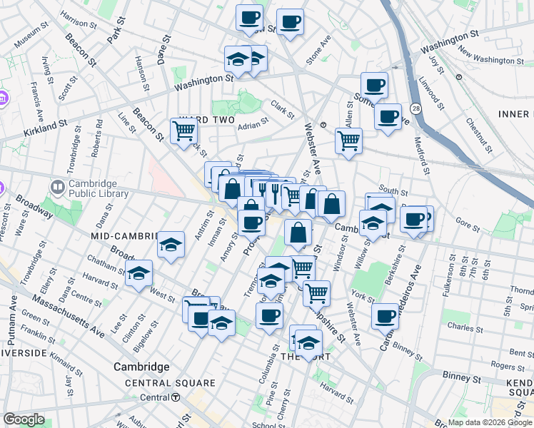 map of restaurants, bars, coffee shops, grocery stores, and more near Cambridge St & Prospect St in Cambridge