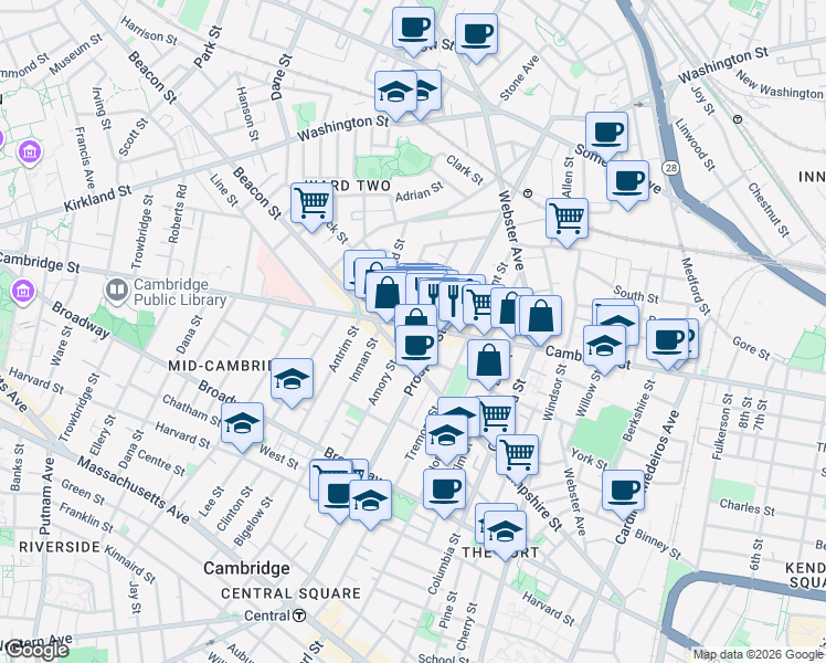 map of restaurants, bars, coffee shops, grocery stores, and more near in Cambridge