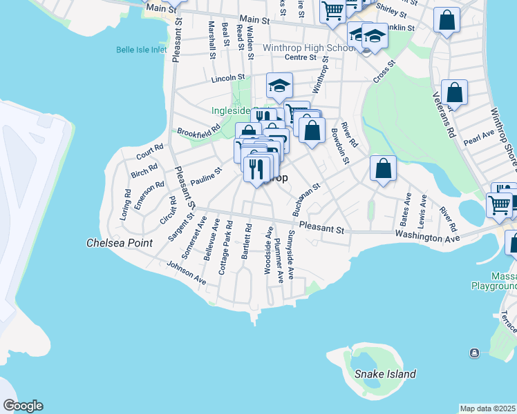map of restaurants, bars, coffee shops, grocery stores, and more near 97 Woodside Avenue in Winthrop