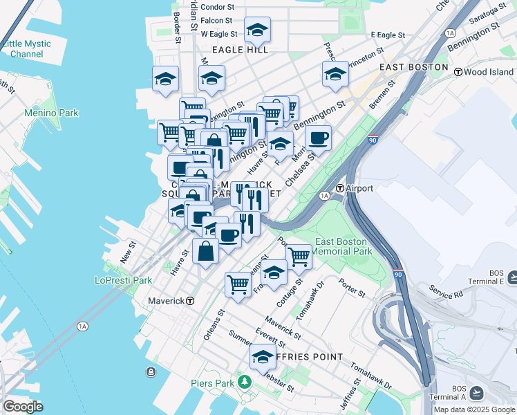 map of restaurants, bars, coffee shops, grocery stores, and more near in Boston