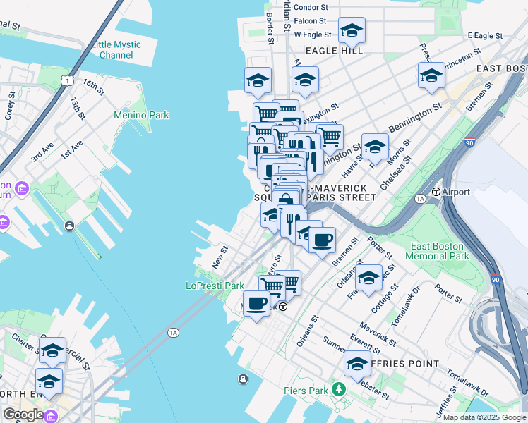 map of restaurants, bars, coffee shops, grocery stores, and more near 152-154 Liverpool Street in Boston