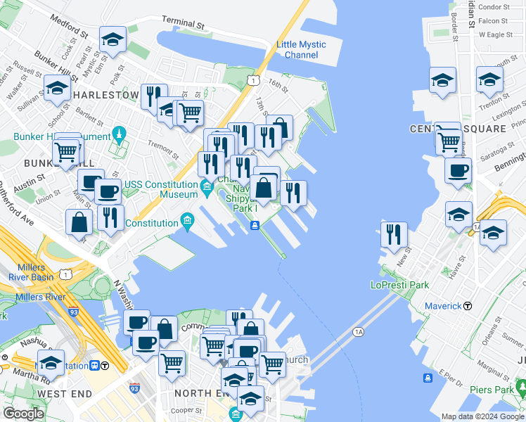 map of restaurants, bars, coffee shops, grocery stores, and more near 197 8th Street in Boston