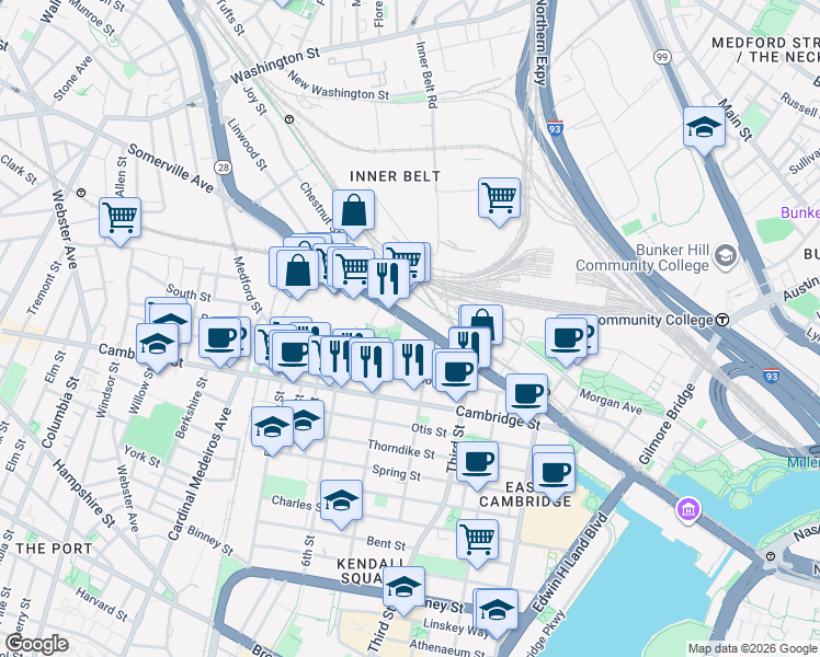 map of restaurants, bars, coffee shops, grocery stores, and more near 264 Monsignor O'Brien Highway in Cambridge